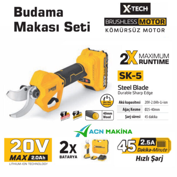 Akülü Budama Makası, SGS5555, 20V*2.0Ah