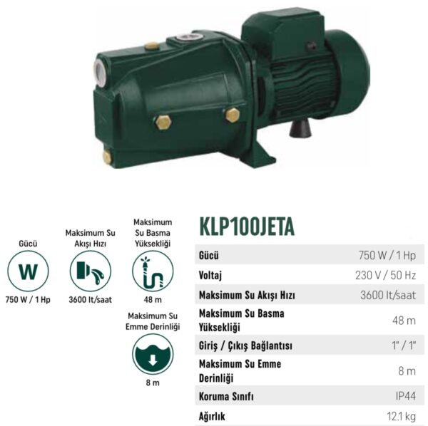 Bahçe Su Pompası, KLPro, KLP100JETA 745 Watt / 1 HP - Görsel 2